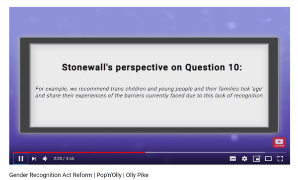 Stonewall encouraging primary aged children to fill in the GRA consultation