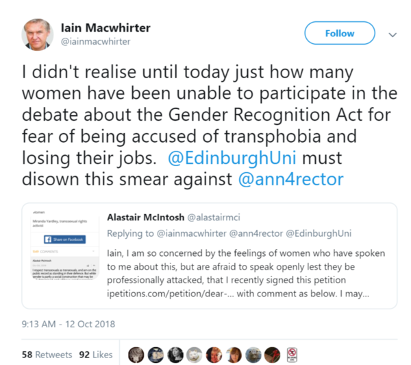 Calls for Rector of Edinburgh University to be sacked because she re-tweeted message about House of Commons meeting on GRA