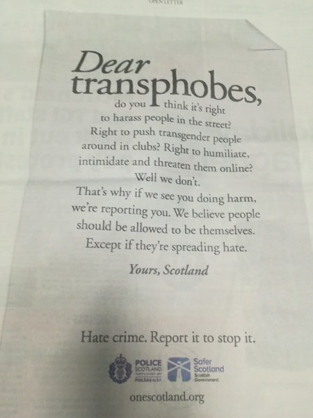 Scottish Govt/Police  ad in Metro 'Dear transphobes'