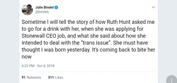 Ruth Hunt & Stonewall, "do not and will not acknowledge that there is a conflict between trans rights and ‘sex based women’s rights’