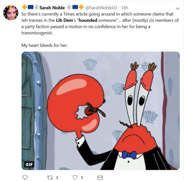 Times 'Lib Dem trans activists ‘hounded’ abuse victim (Natalie Bird)''.Article refers to Zoe O'Connell & Sarah Brown