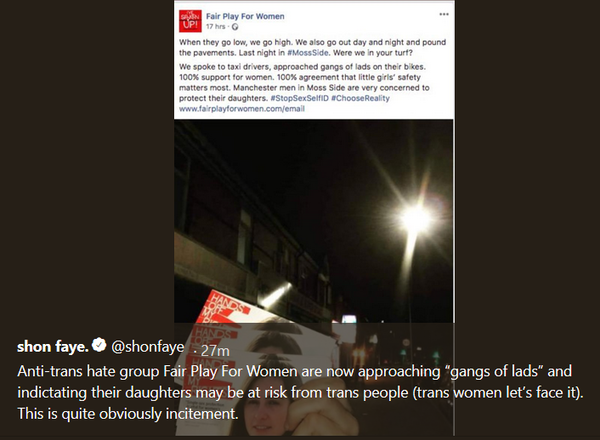 Shon Faye accusing FairPlayForWomen of incitement in Moss Side