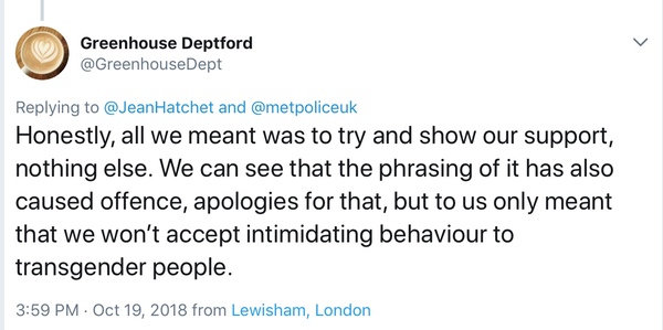 Cafe in Deptford banning women who say things they don’t like.