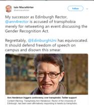 Calls for Rector of Edinburgh University to be sacked because she re-tweeted message about House of Commons meeting on GRA