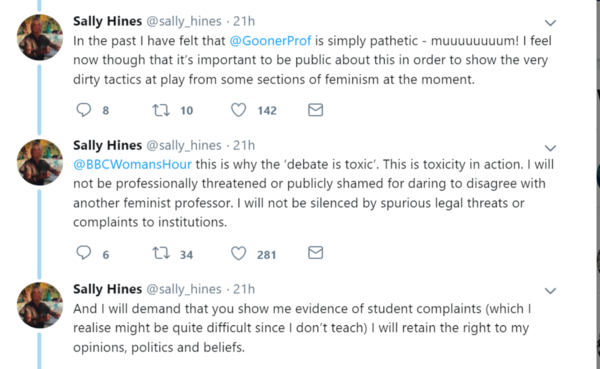 Sally Hines accuses Professor Rosa Freedman of being mean on Twitter