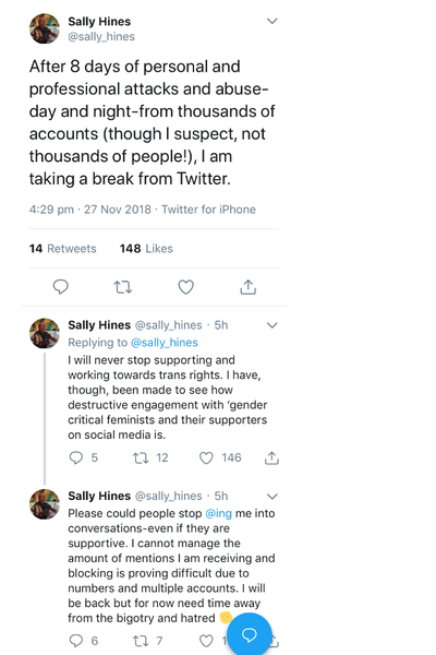 Sally Hines accuses Professor Rosa Freedman of being mean on Twitter