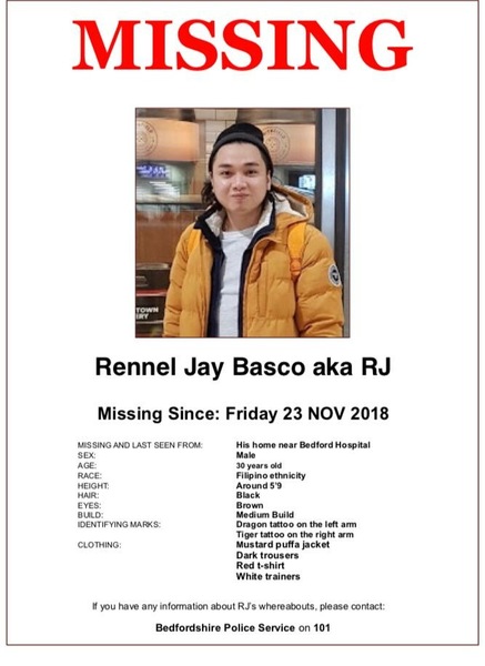 Missing man, from Bedford but may be in London.,