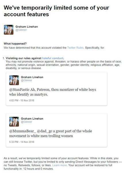 Writing from Twitter prison!