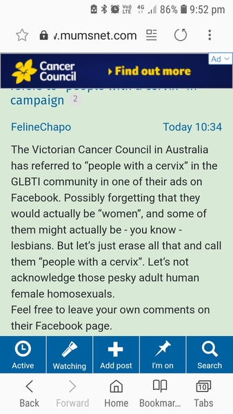 Victorian Cancer Council (Australia) refers to “people with a cervix” in campaign