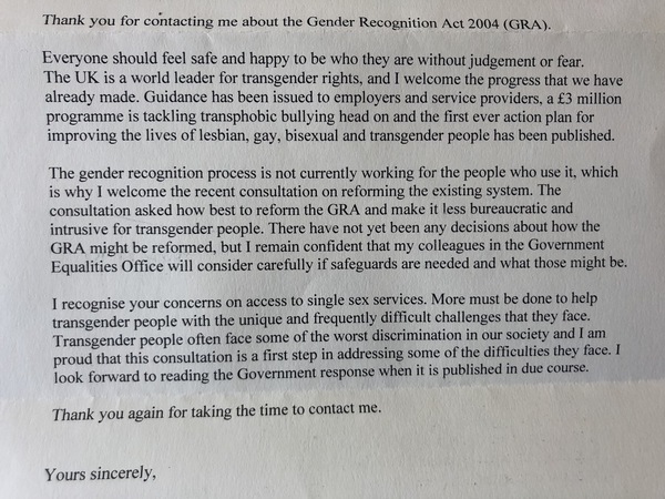 Email response from senior tory cabinet minister...