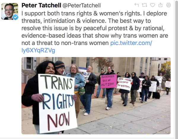 I'm waiting with bated breath for Peter Tatchell to show us all the evidence of attempts by feminists to threaten, initimidate and shut down transactivist meetings