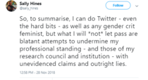 Sally Hines accuses Professor Rosa Freedman of being mean on Twitter