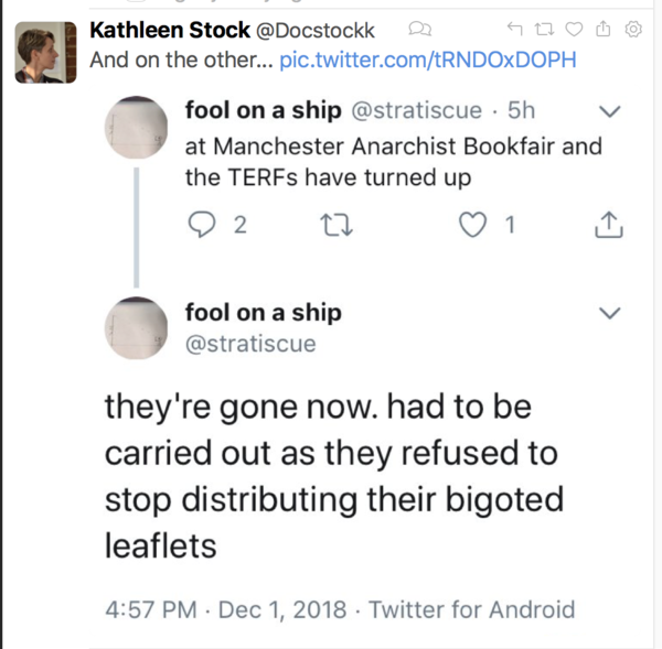 Reports that Helen Steel and another woman were surrounded and physically dragged out of (another) anarchist bookfair for wrongthink
