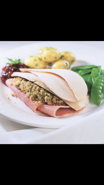 Those sliced turkey with stuffing and ham parcels