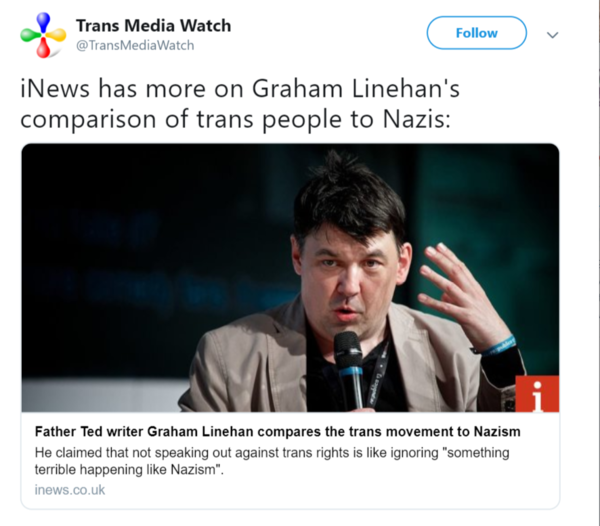 iNews follows Pink News with article headline, "Father Ted writer Graham Linehan compares the trans movement to Nazism"