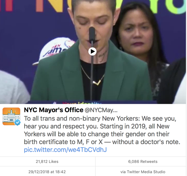 New York legalises changing birth certs to M, F or X