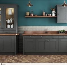 What wall colour with grey kitchen units/oak work tops?