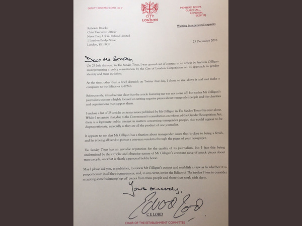 Edward Lord asking the Sunday Times to censor Andrew Gilligan