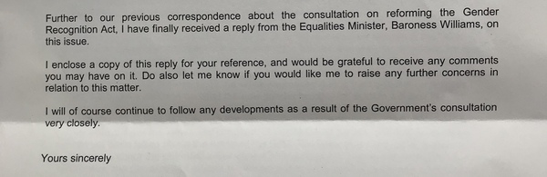 Response from Equalities Minister to MP over self ID concerns