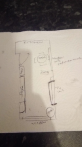 Ideas to separate an open plan lounge/kitchen when cooking with baby.. Diagram inside.