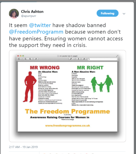 IMPORTANT! Chris Ashton "It seem twitter have shadow banned FreedomProgramm because women don’t have penises. Ensuring women cannot access the support they need in crisis."