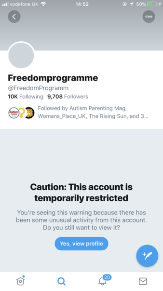 IMPORTANT! Chris Ashton "It seem twitter have shadow banned FreedomProgramm because women don’t have penises. Ensuring women cannot access the support they need in crisis."