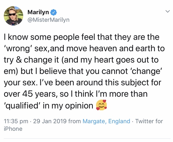 80s pop star Marilyn thinks there’s only two sexes