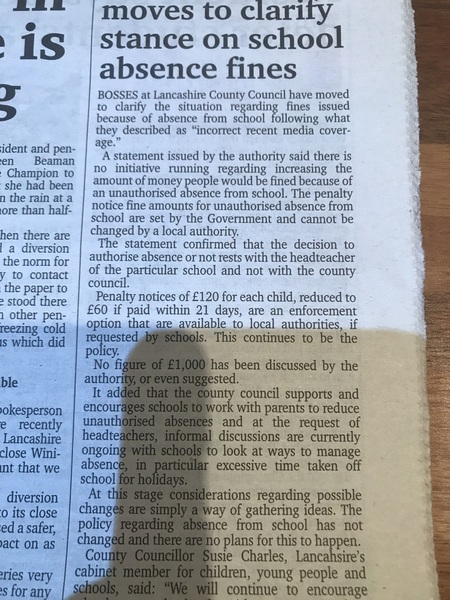 £1,000 fines per parent per child to be trialled in Lancashire