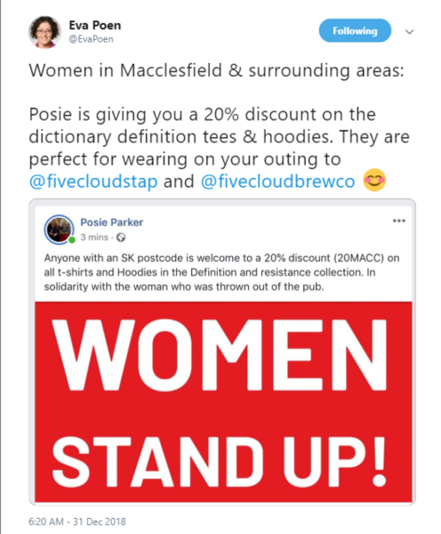 Reports of Macclesfield pub barring woman for wearing’adult human female’ T shirt