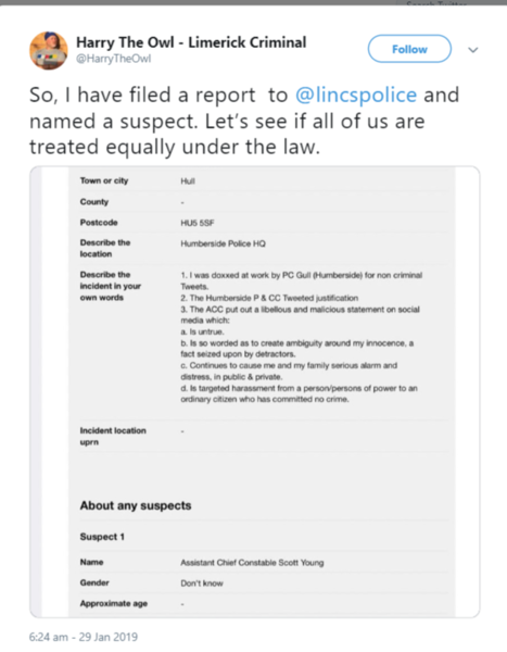 Harry the owl visited by police