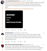 Reports of Macclesfield pub barring woman for wearing’adult human female’ T shirt