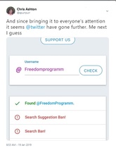 IMPORTANT! Chris Ashton "It seem twitter have shadow banned FreedomProgramm because women don’t have penises. Ensuring women cannot access the support they need in crisis."