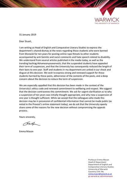Warwick Lecturers write letters of condemnation