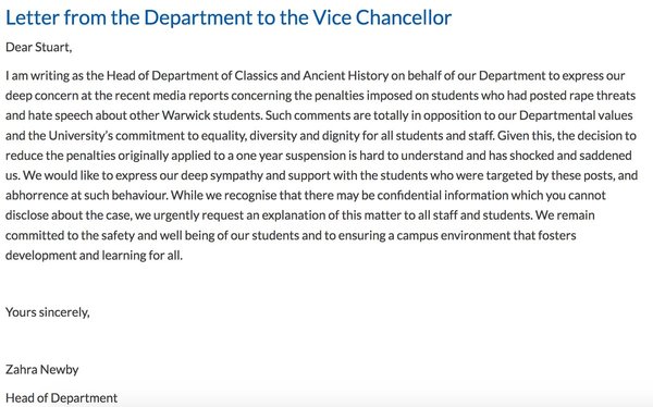 Warwick Lecturers write letters of condemnation