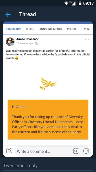 Message from Lynne Featherstone Lib Dems