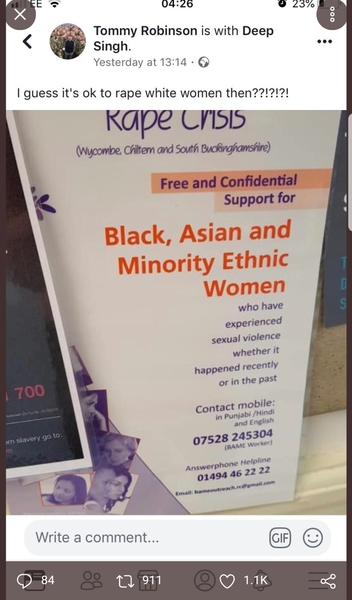 "Tommy Robinson" and Rape crisis helpline