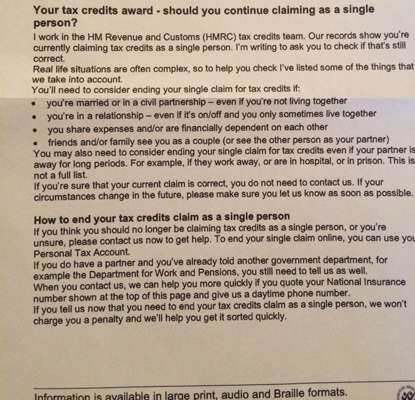Tax credits -received a letter about being in a relationship..