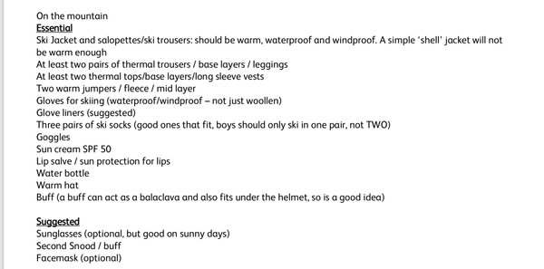 Packing list