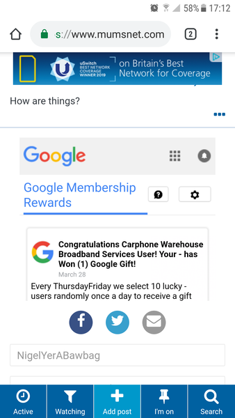 Anyone else getting "congratulations" spoken to them by their phone whilst browsing mumsnet?!