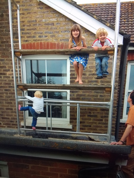 Ds 12 & DD 7 climbing on our scaffolding this morning