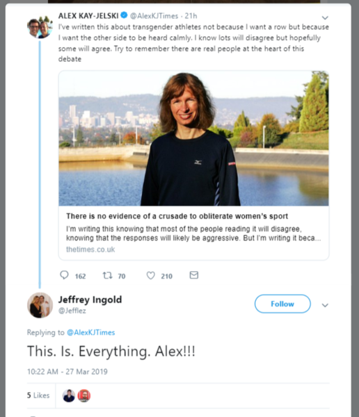 Times article on transgender athletes; Alex Kay Jelski
