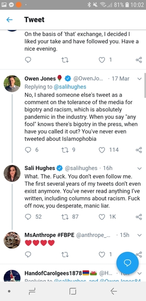 What happened between Owen Jones and Sali Hughes over the weekend?