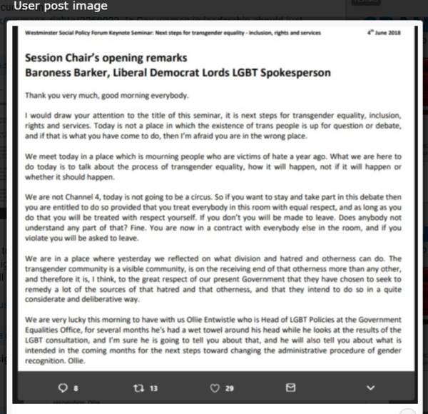 Baroness Barker (LibDem) attempts to smear GC women's groups