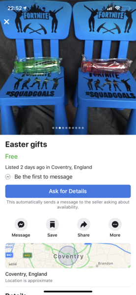 FB tat. Nothing says Easter like a Fortnite personalised plastic chair for £14