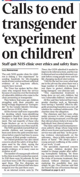 Times article - calls to end transgender 'experiment' on children