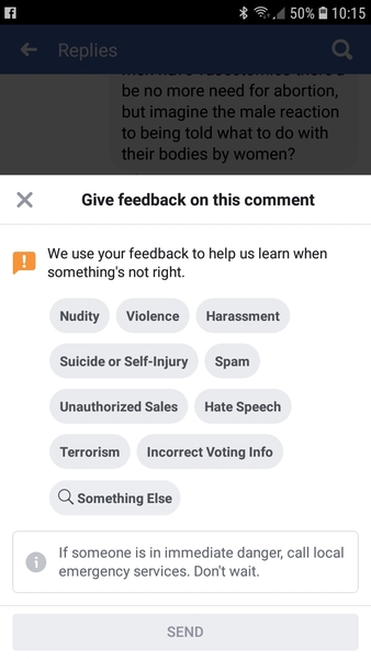 FACEBOOK, no option to report threats