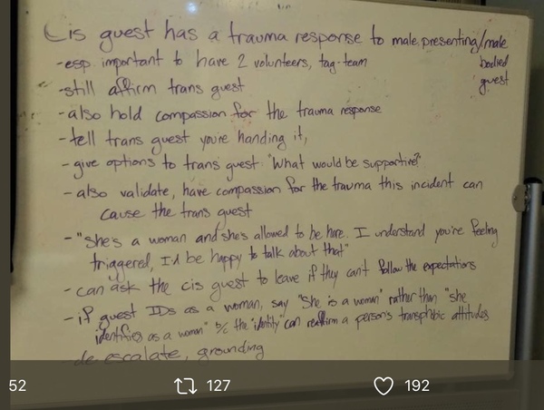 Rape crisis centre - staff trained to “ask the cis guest to leave”