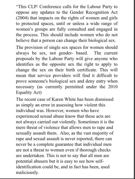 CLP proposing motion for conference at a meeting this week calling for the Labour Party to oppose any updates to the GRA unless women's groups are consulted.