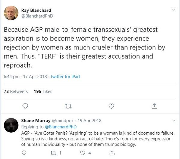 Ray Blanchard’s tweet about TERFs