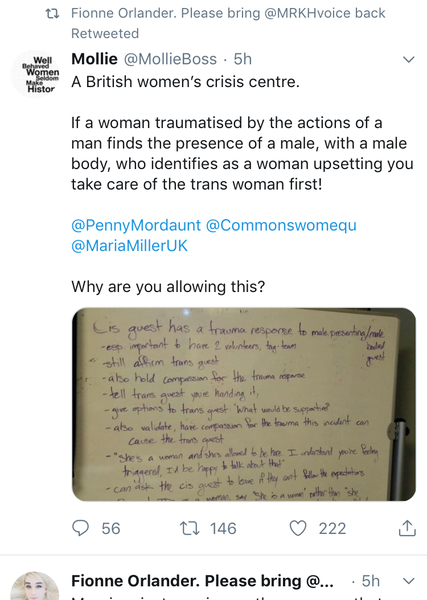 Rape crisis centre - staff trained to “ask the cis guest to leave”